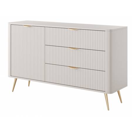 Komoda 138 cm szuflady ryflowane fronty beż + złoty zaokrąglone boki  LANETT